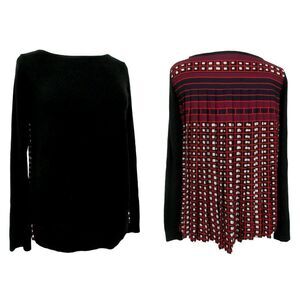 Ann Taylor LOFT Black Knit Front Pleated Geo Print Back Pullover Blouse Top XS